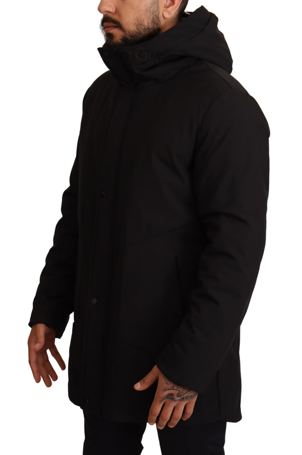 Black Polyester Hooded Windbreaker Jacket