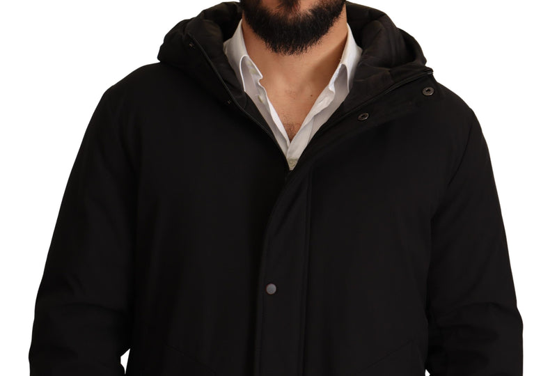 Black Polyester Hooded Windbreaker Jacket