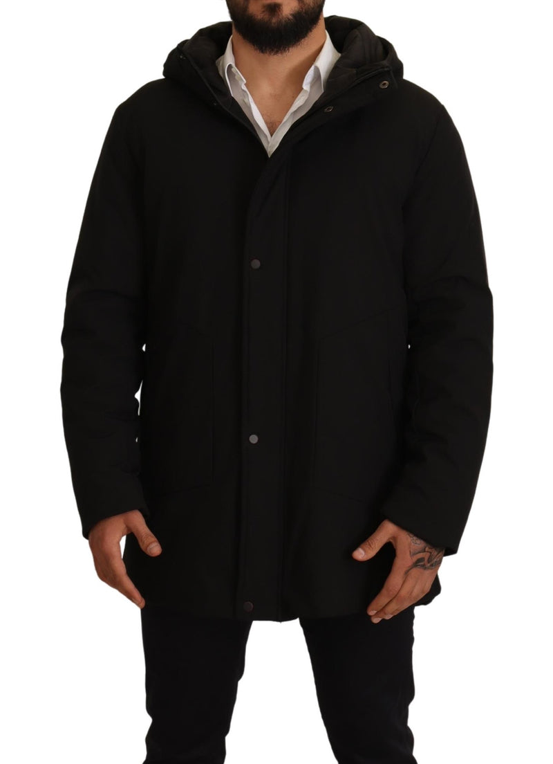 Black Polyester Hooded Windbreaker Jacket