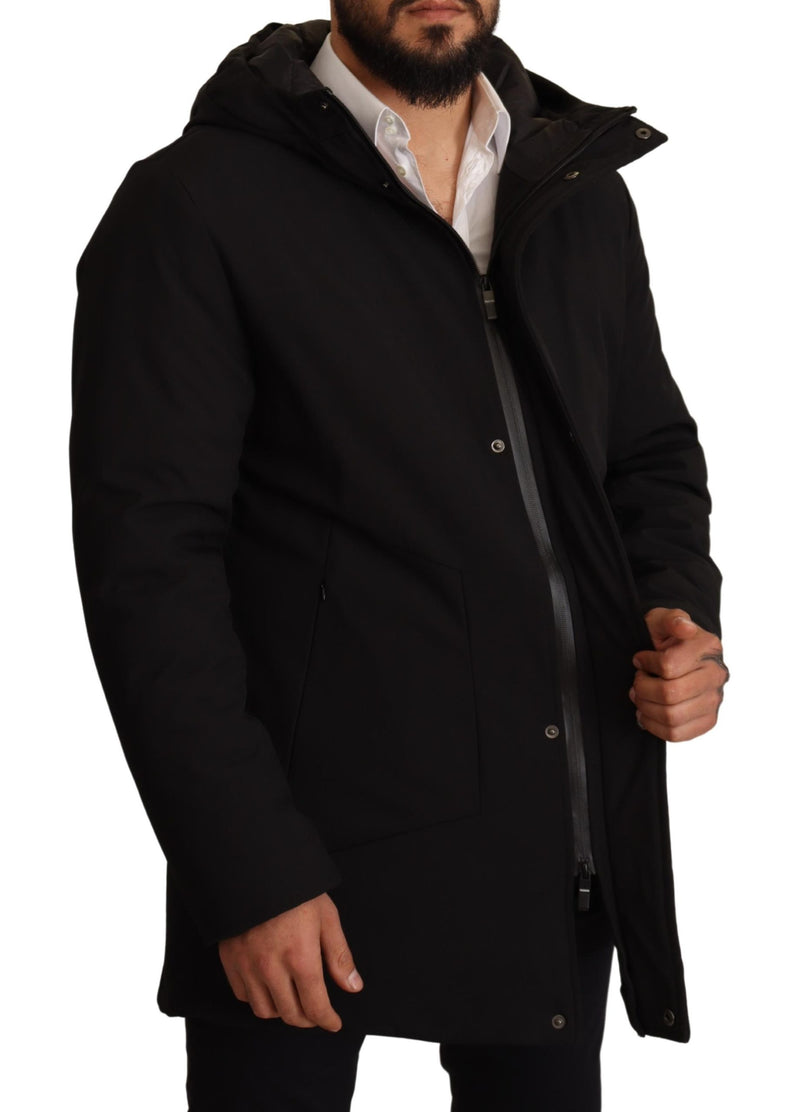 Black Polyester Hooded Windbreaker Jacket