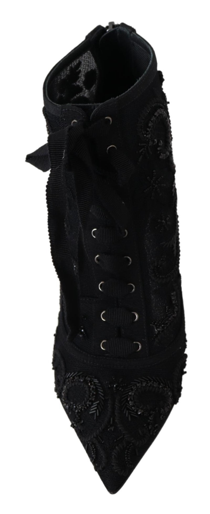 Black Tulle Ricamo High Heel Crystal Boots