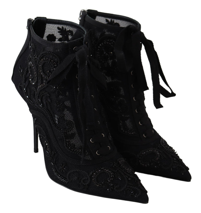 Black Tulle Ricamo High Heel Crystal Boots