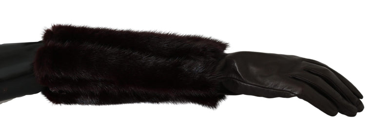 Brown Mid Arm Length Leather Fur Gloves