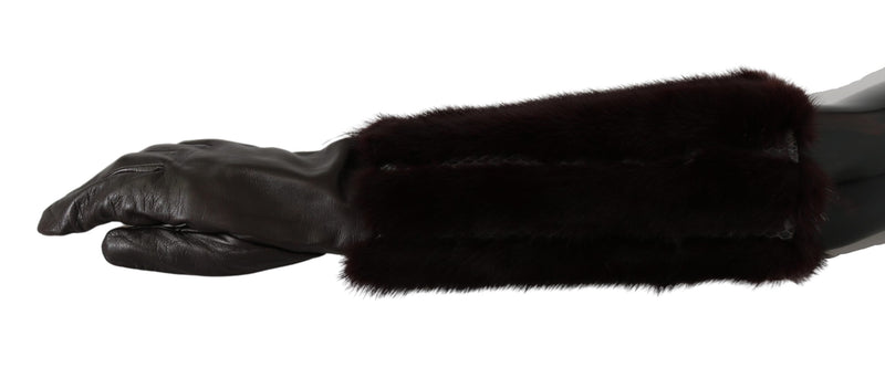 Brown Mid Arm Length Leather Fur Gloves