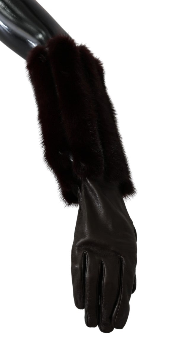 Brown Mid Arm Length Leather Fur Gloves