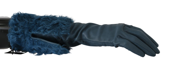 Blue Mid Arm Leather Shearling Fur Gloves