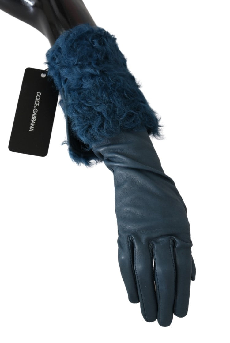 Blue Mid Arm Leather Shearling Fur Gloves