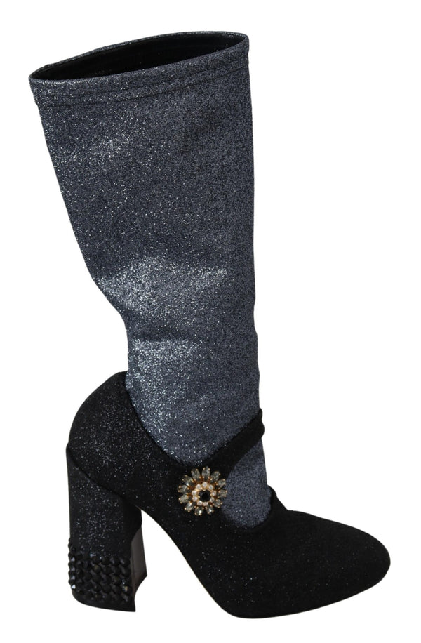Black Crystal Glitter Boots Shoes