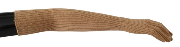 Brown Elbow Length Mittens 100% Cashmere Gloves