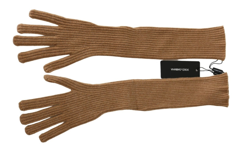 Brown Elbow Length Mittens 100% Cashmere Gloves