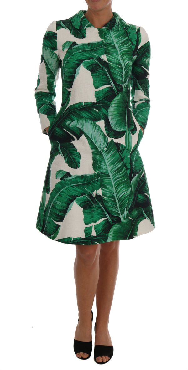 White Banana Leaf Print Cotton Coat Jacket