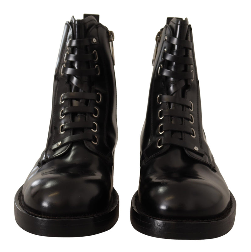 Black Leather Combat Lace Up Boots