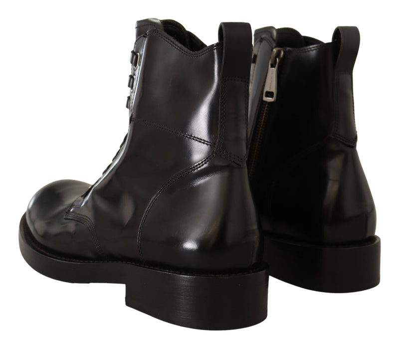 Black Leather Combat Lace Up Boots