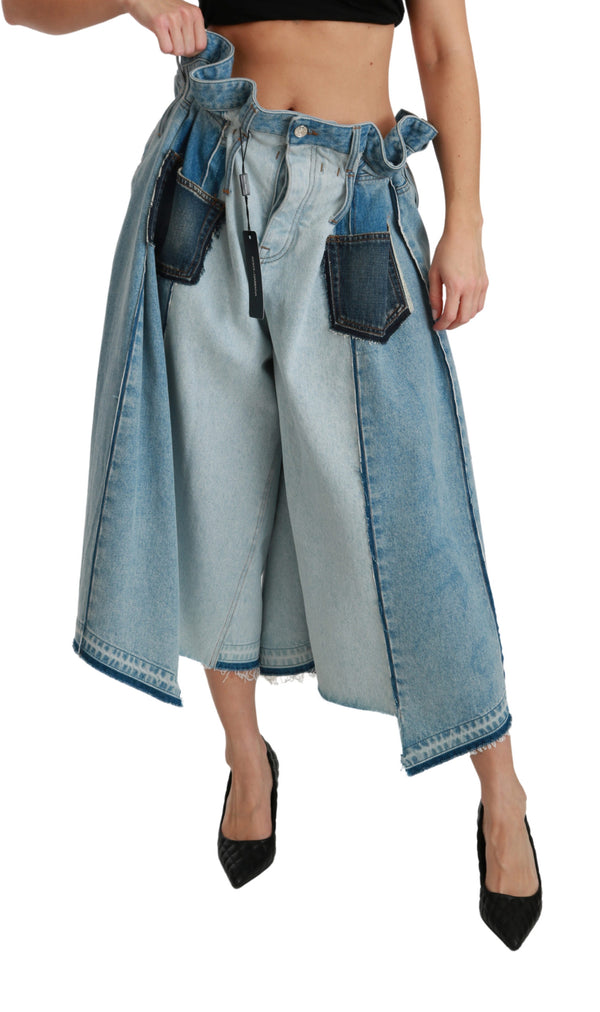 Blue Asymmetrical Wide Leg Denim Cotton Jeans
