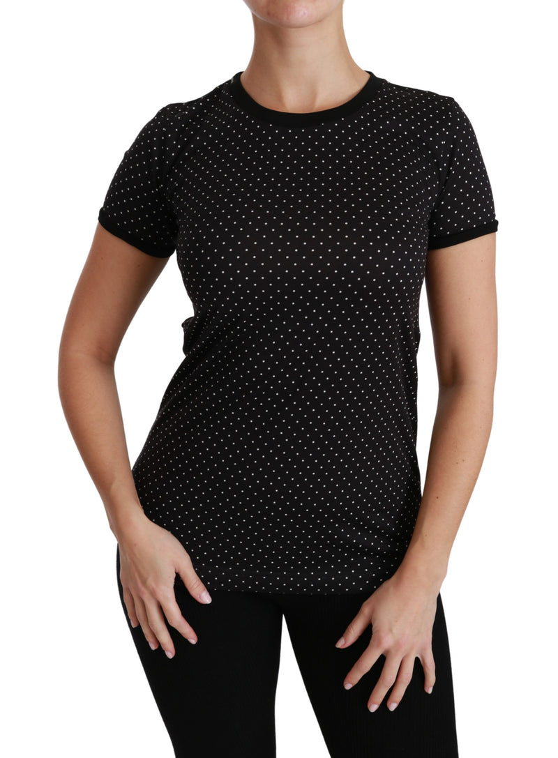Black Dotted Crewneck Cotton Top T-shirt