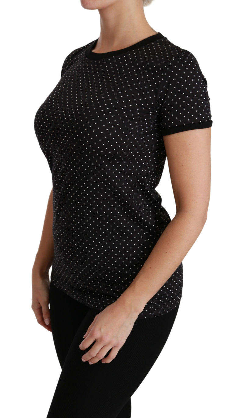 Black Dotted Crewneck Cotton Top T-shirt
