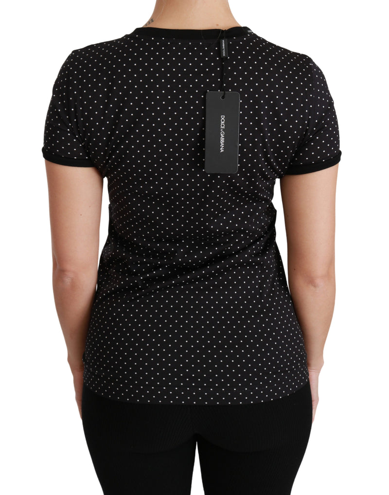 Black Dotted Crewneck Cotton Top T-shirt