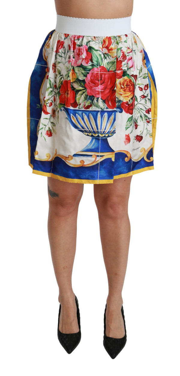 White Flower Vase High Waist Mini Skirt Silk