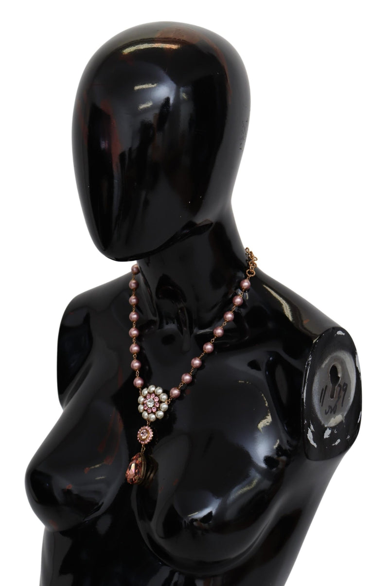 Pink Faux Pearl Teardrop Rhinestones Pendant Necklace