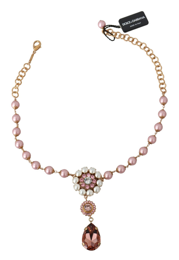 Pink Faux Pearl Teardrop Rhinestones Pendant Necklace