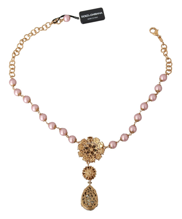 Pink Faux Pearl Teardrop Rhinestones Pendant Necklace