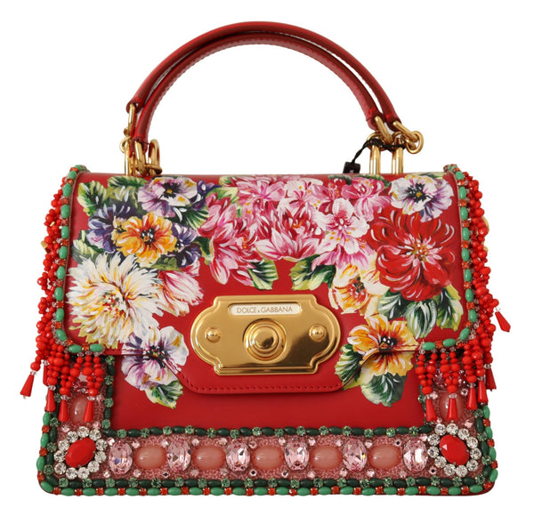 Red Floral Crystals Shoulder Borse WELCOME Leather Bag