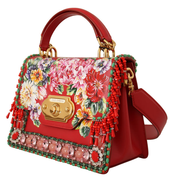Red Floral Crystals Shoulder Borse WELCOME Leather Bag