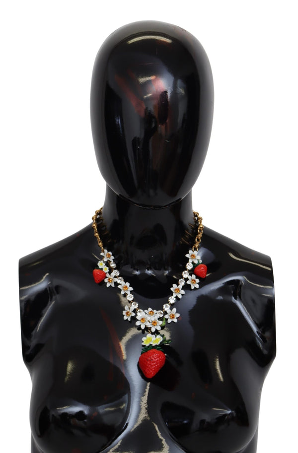 Gold Red Resin Strawberry Crystal Floral Charm Statement Necklace
