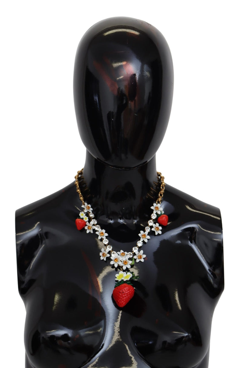 Gold Red Resin Strawberry Crystal Floral Charm Statement Necklace