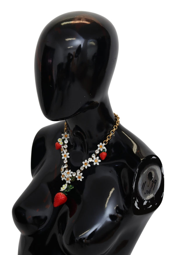 Gold Red Resin Strawberry Crystal Floral Charm Statement Necklace