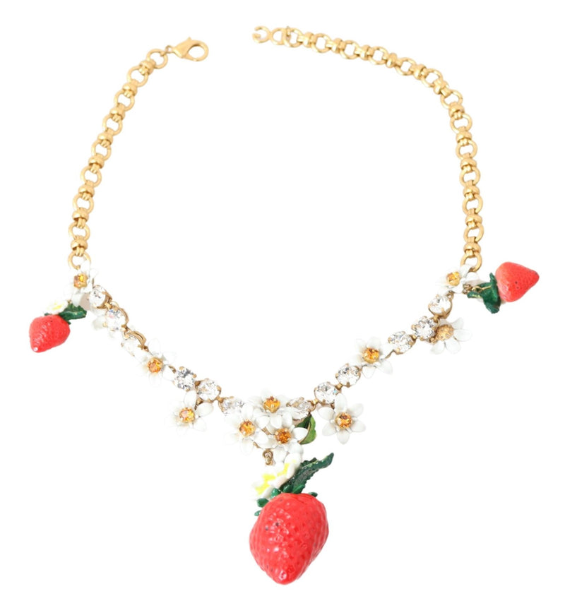 Gold Red Resin Strawberry Crystal Floral Charm Statement Necklace