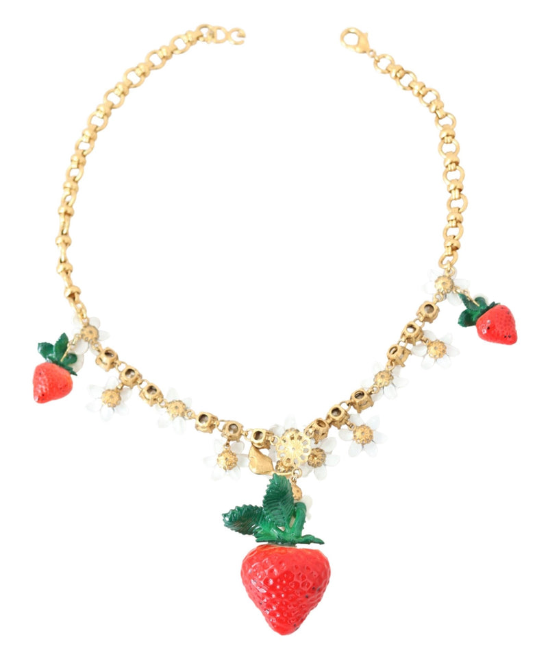 Gold Red Resin Strawberry Crystal Floral Charm Statement Necklace