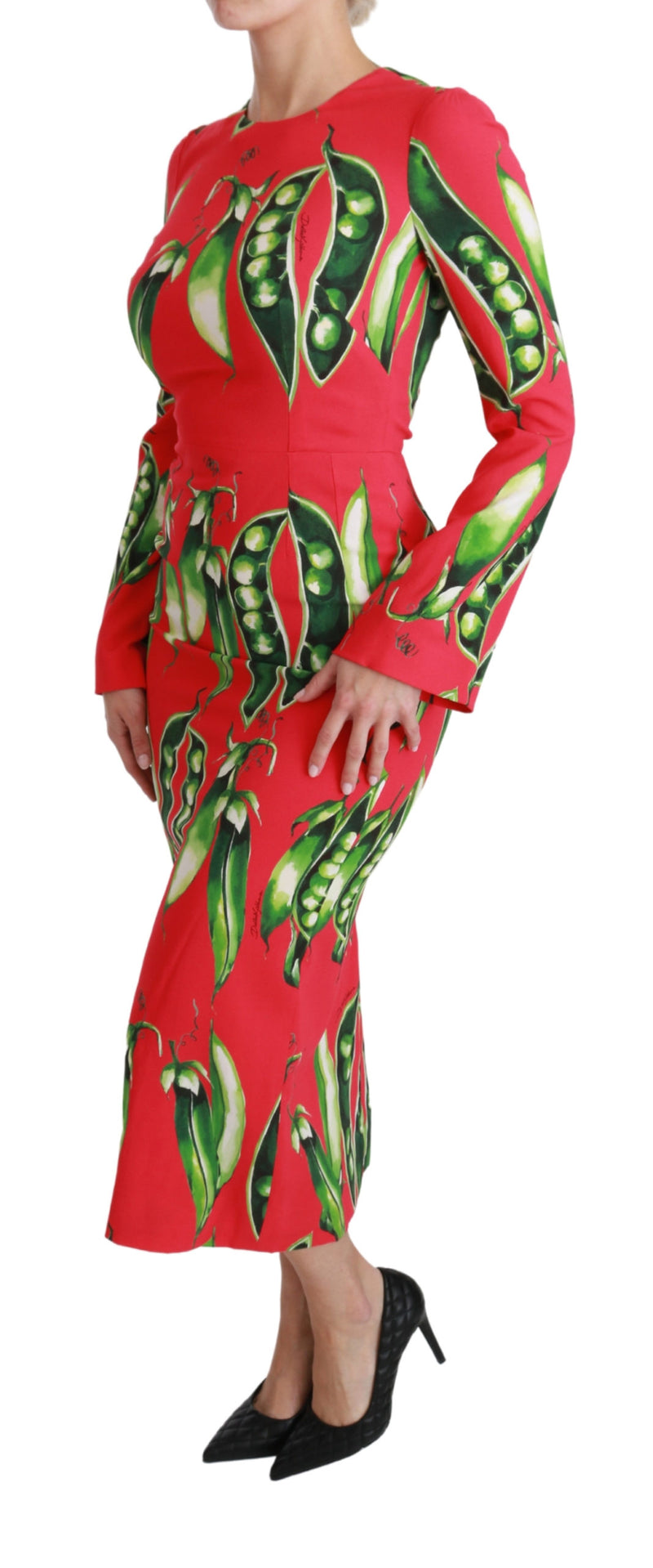 Red Snap Pea Print Longsleeve Midi Dress