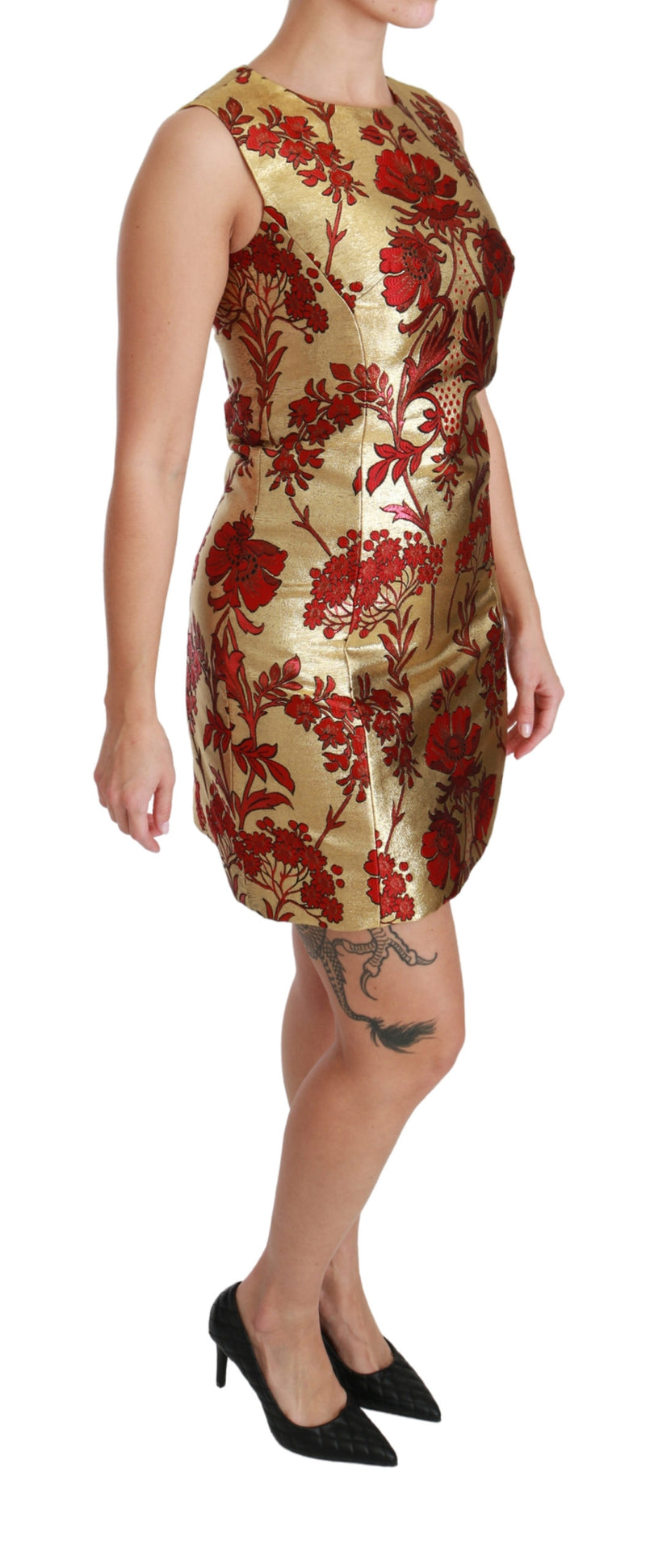 Gold Red Lurex Jacquard Midi Slim Dress