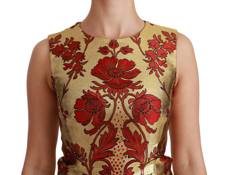 Gold Red Lurex Jacquard Midi Slim Dress