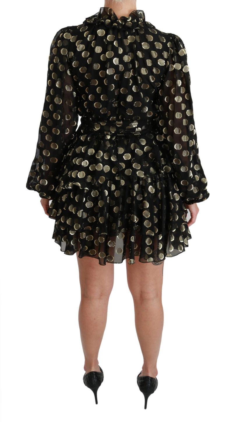 Black Gold Lurex Polka Dots Silk Flared Dress