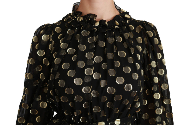 Black Gold Lurex Polka Dots Silk Flared Dress
