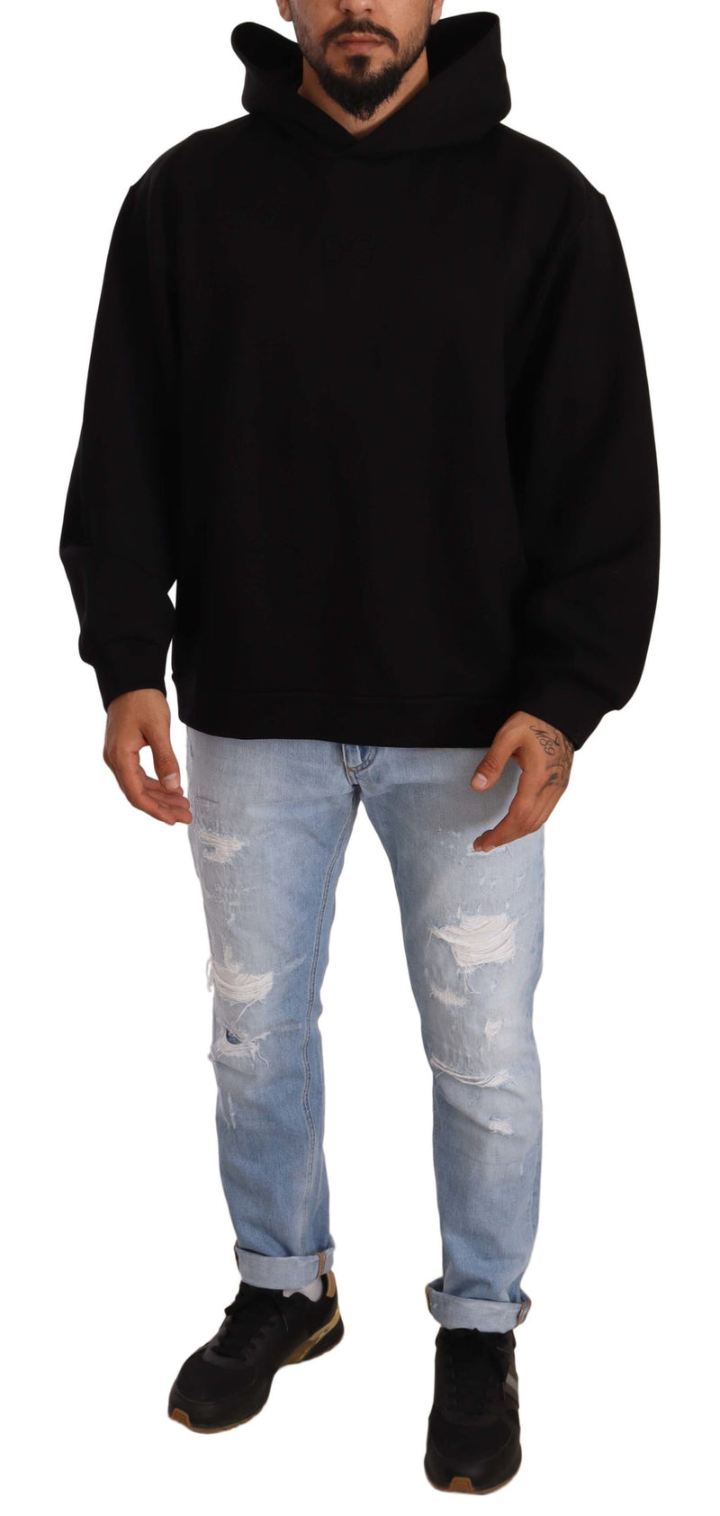 Black Cotton Blend Hooded Sweater