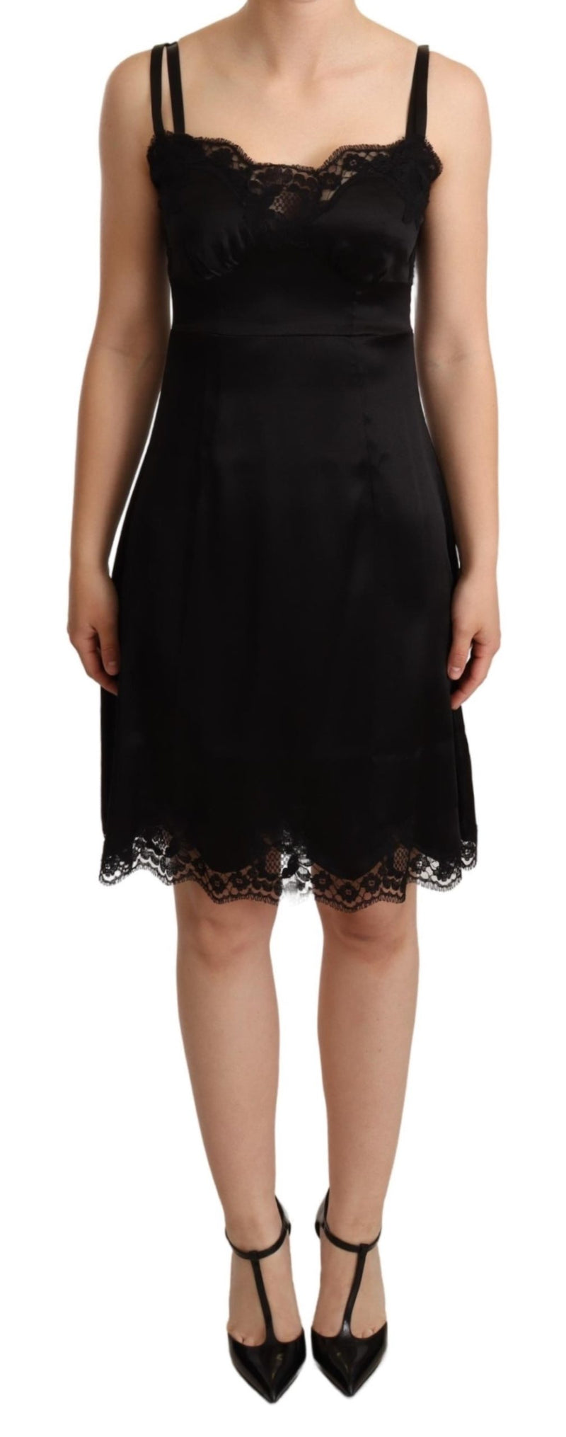 Black Silk Blend Lace Trim Lingerie Dress