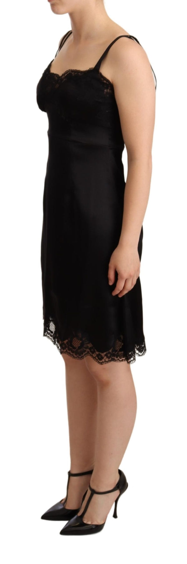 Black Silk Blend Lace Trim Lingerie Dress