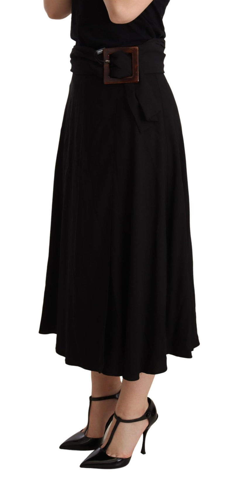Black Viscose High Waist Pleated Midi Skirt