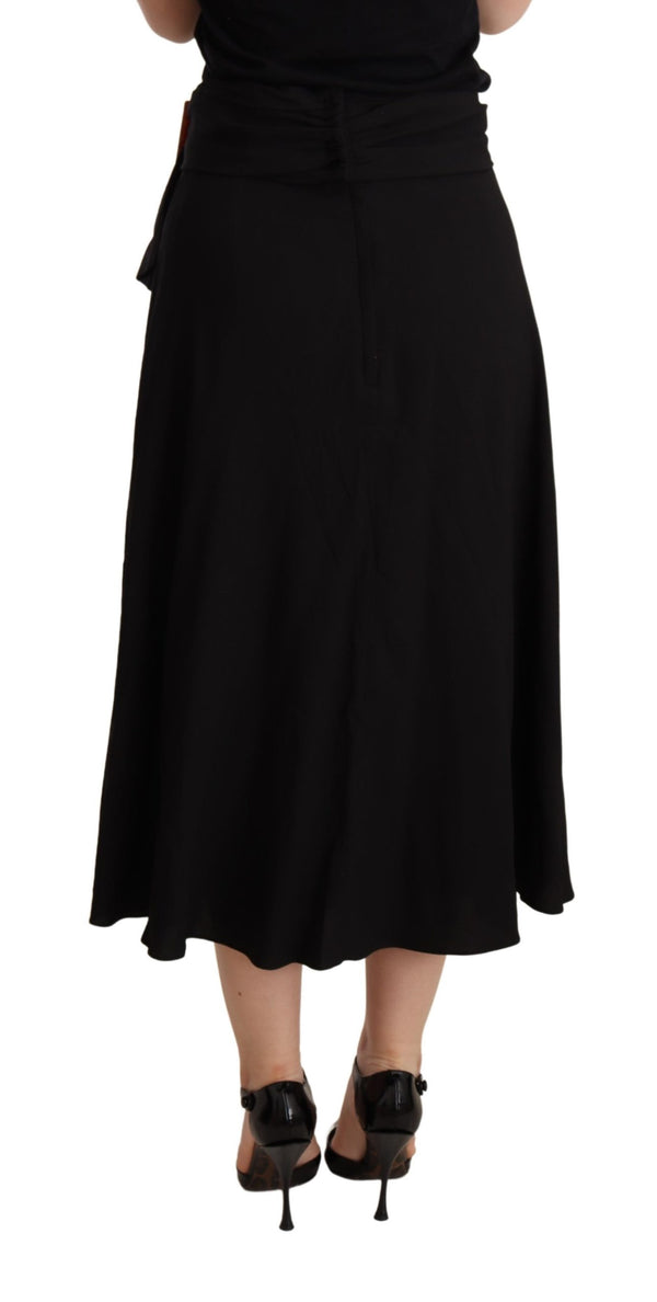 Black Viscose High Waist Pleated Midi Skirt