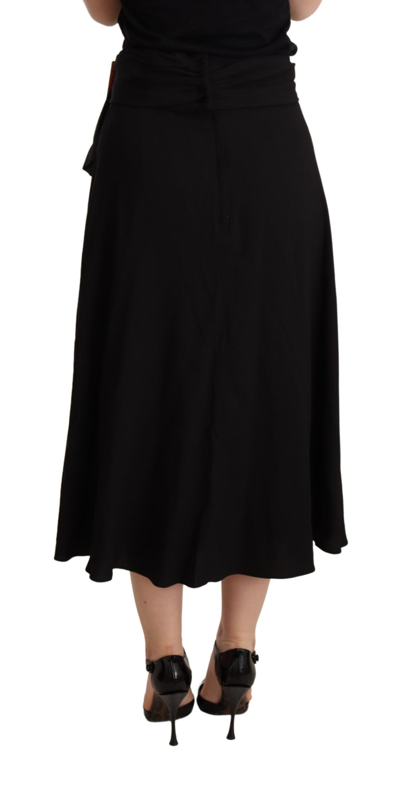 Black Viscose High Waist Pleated Midi Skirt