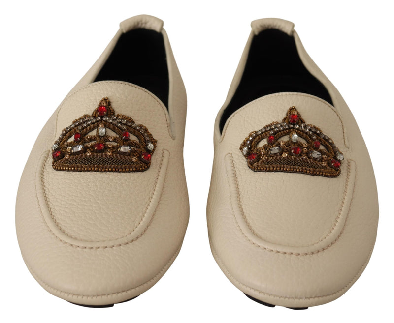 Beige Leather Crystal Crown Dress Loafers Shoes