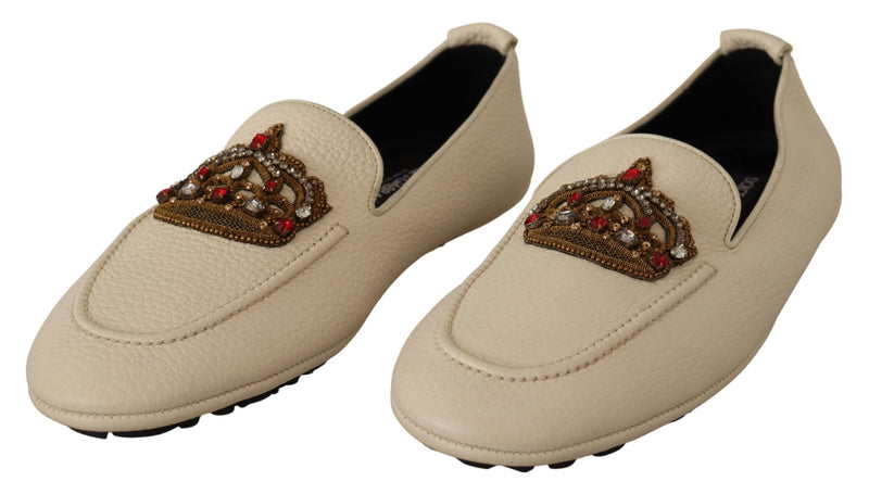 Beige Leather Crystal Crown Dress Loafers Shoes