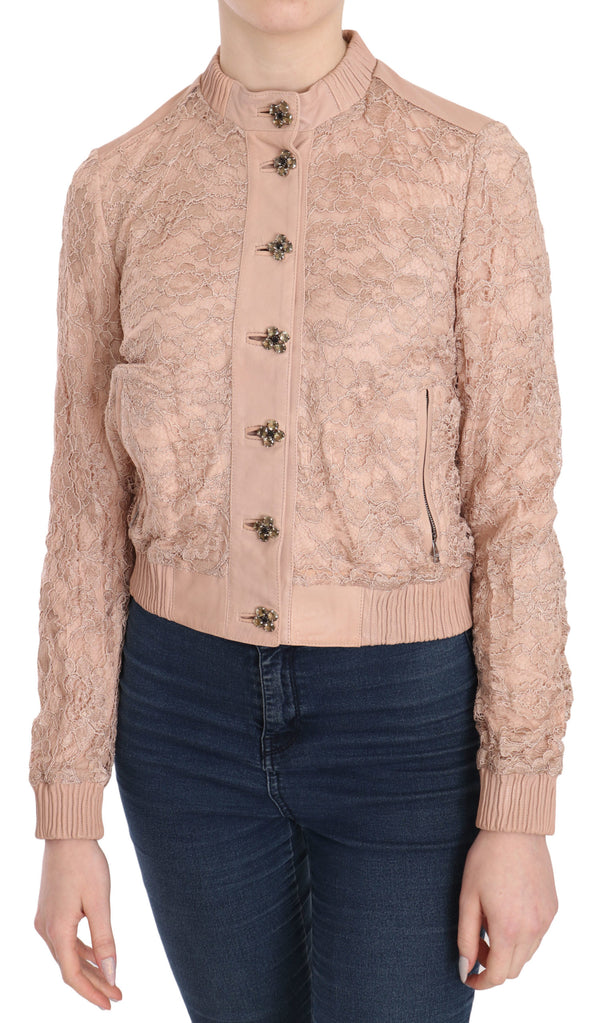 Pink Leather Lace Crystal Coat Jacket