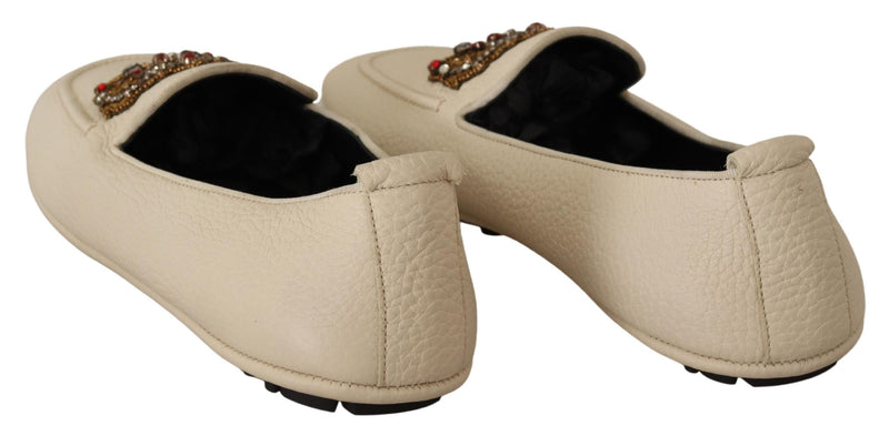 Beige Leather Crystal Crown Dress Loafers Shoes