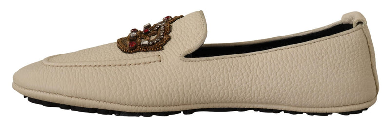 Beige Leather Crystal Crown Dress Loafers Shoes