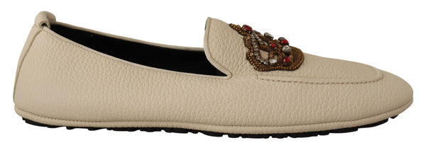 Beige Leather Crystal Crown Dress Loafers Shoes