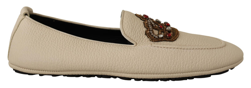 Beige Leather Crystal Crown Dress Loafers Shoes